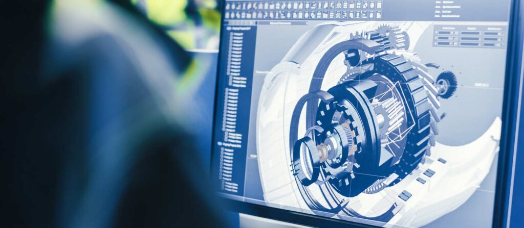 Computer screen displaying detailed model of a mechanical component with gears, rings, and structural elements, surrounded by technical menus and interface tools.